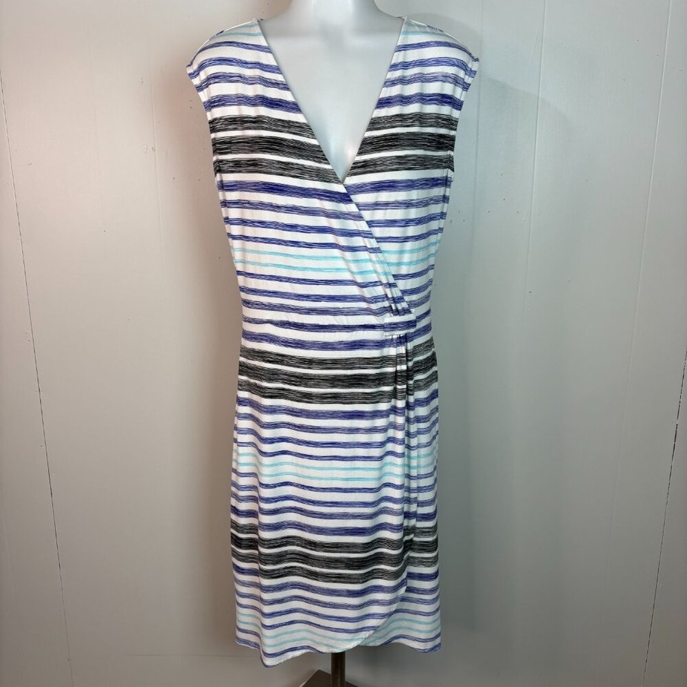 Ann Taylor Dress Medium Tall White Blue Striped Crossover Sleeveless Stretch‎ MT